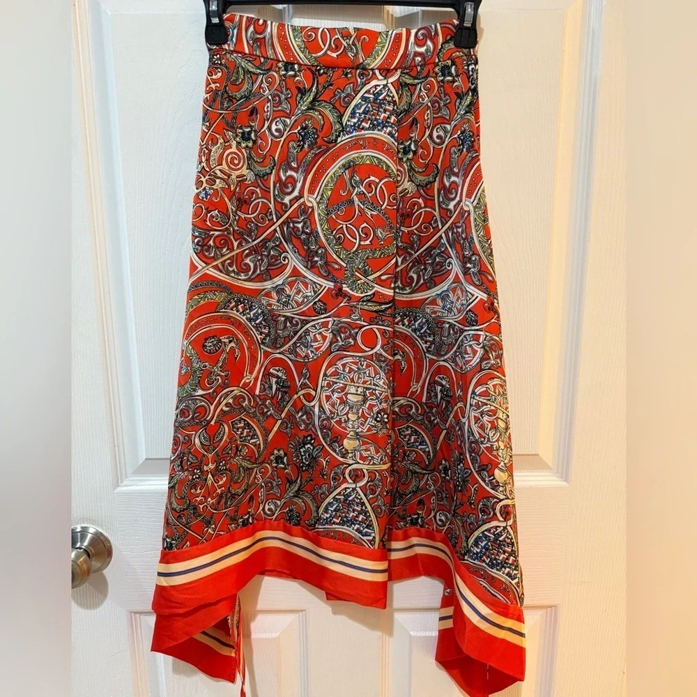 H&M Vibrant Orange Patterned Scarf Skirt Chain Pleat asymmetrical